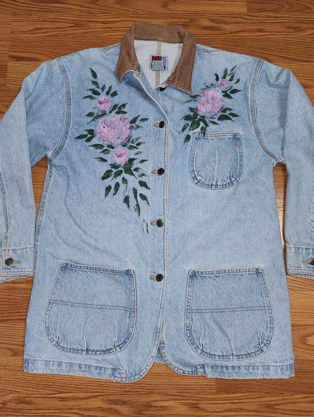 Vtg 90s SunBelt Hand Painted Art Floral Denim Trucker Jean Jacket Sz M Chore